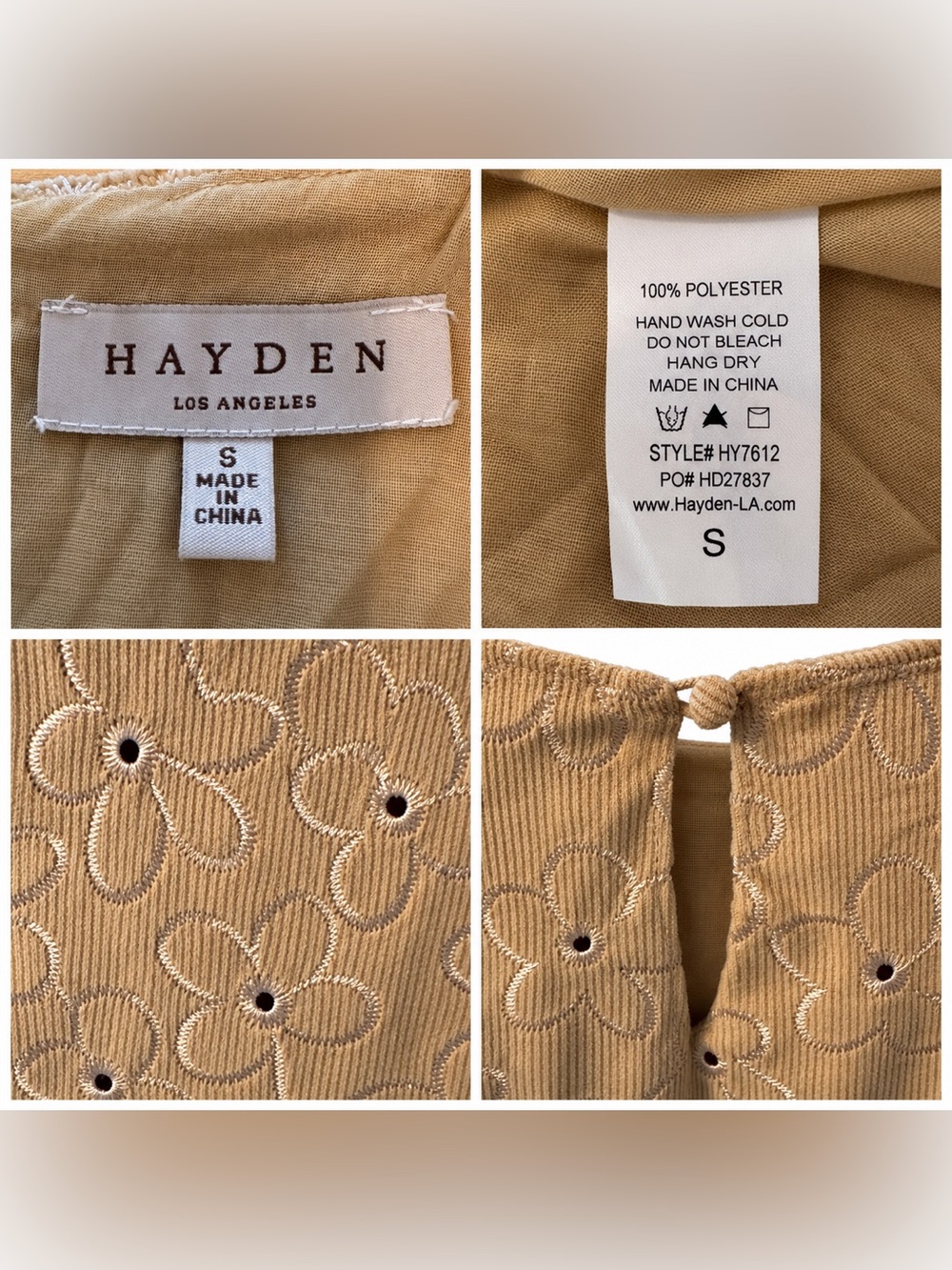 Hayden Los Angeles Size S Tan Floral Embroidered Babydoll Dress - Picture 2 of 3